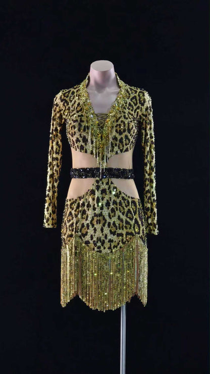 PERMINO.L028F Leopard Latin Dance Costume for Women – Long Sleeve Fringe Salsa Dress