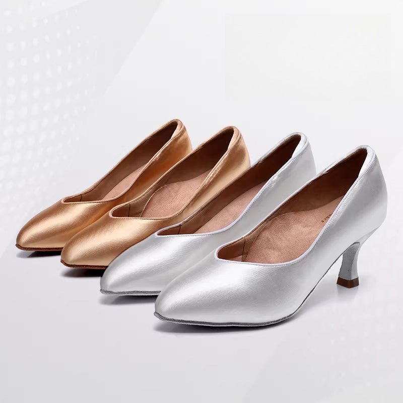 DRH-208 Women's Pointed Toe Ballroom Dance Soft Sole Practice Shoes for Tango & Waltz, Satin Upper, Slim Fit - Mine·Jas