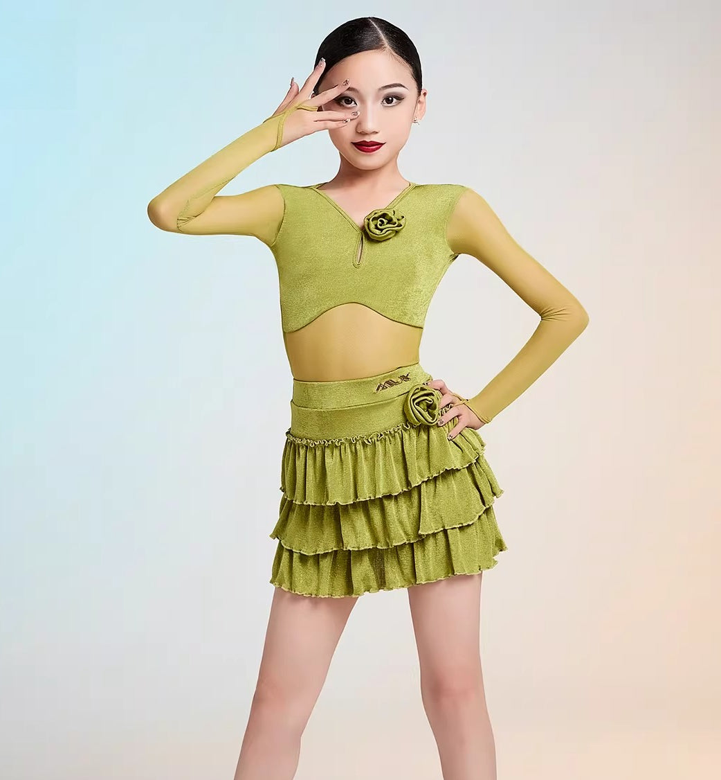 MLX gold 102/202 children's new long-sleeved Latin dance practice clothes children's dance cake skirt performance clothes - Mine·Jas