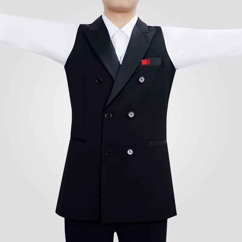 NY Fashion Gun Collar Double-breasted Modern Dance Vest Men's Ballroom Dance Practice Suit Top Waltz Suit 24123S