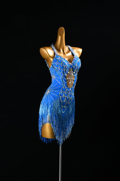 MINEJAS.F626 Sky Blue Fish-Scale Design Glass Tube Crystal Latin Competition Dress - Mine·Jas