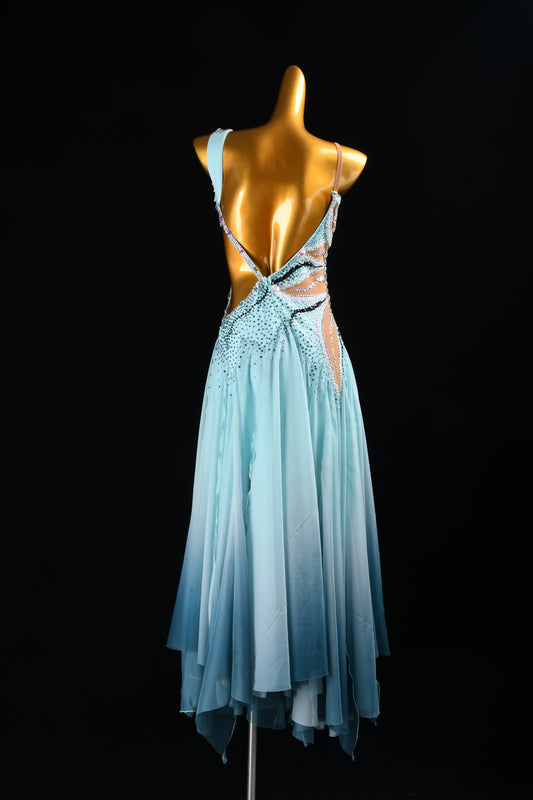 MINEJAS.2626 American Ballroom Competition Dress | Peacock Blue Ombre & Dramatic Asymmetrical Skirt