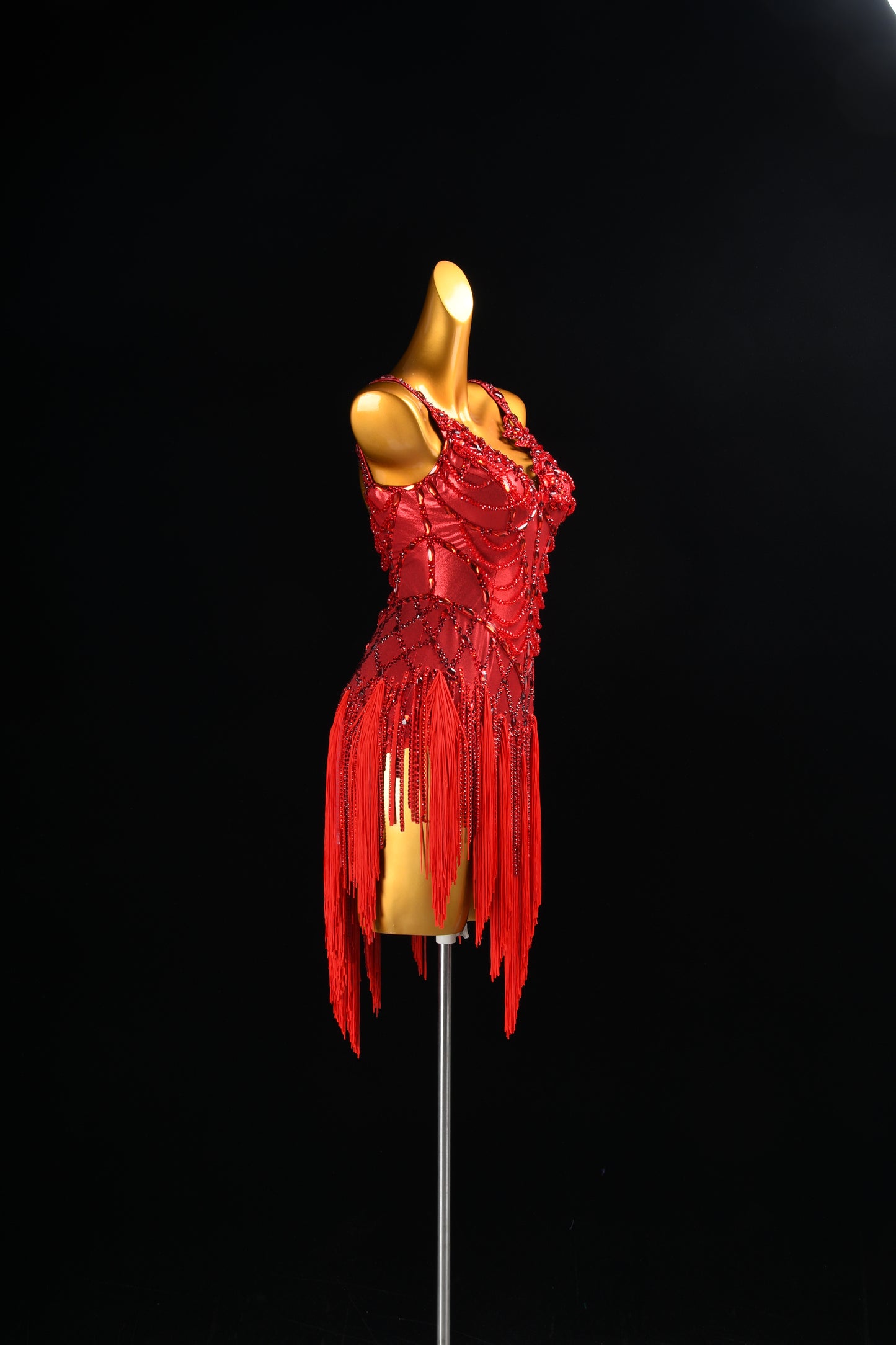 MINEJAS.2726 Women's Latin Dance Dress - Metallic Red Fabric, Alluring Fringe Skirt, Performance & Competition