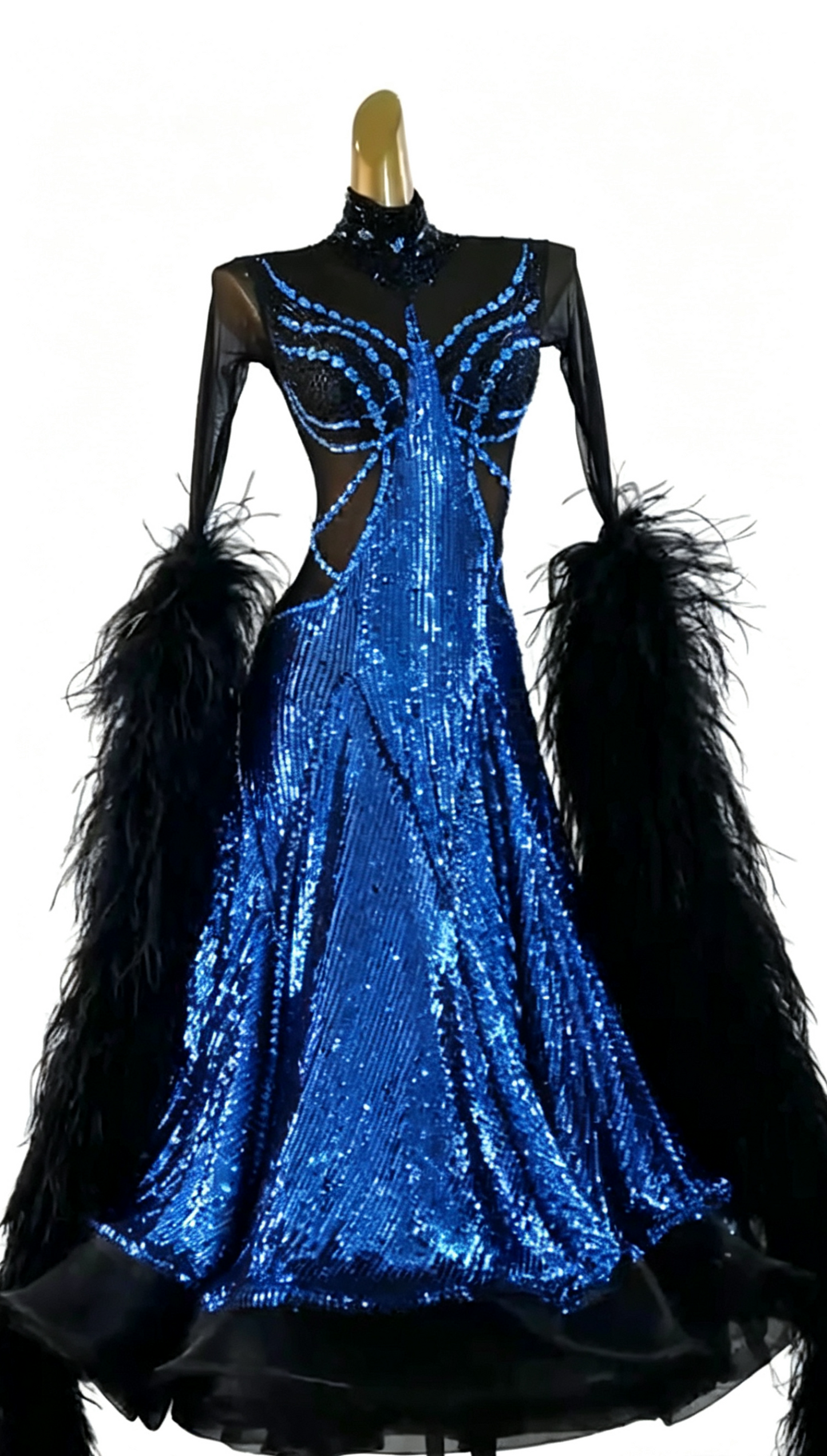 MINEJAS.B038F Gold Sequin Black Feather Ballroom Competition Dance Dress for Women - Mine·Jas