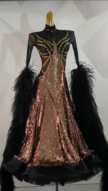 MINEJAS.B038F Gold Sequin Black Feather Ballroom Competition Dance Dress for Women - Mine·Jas