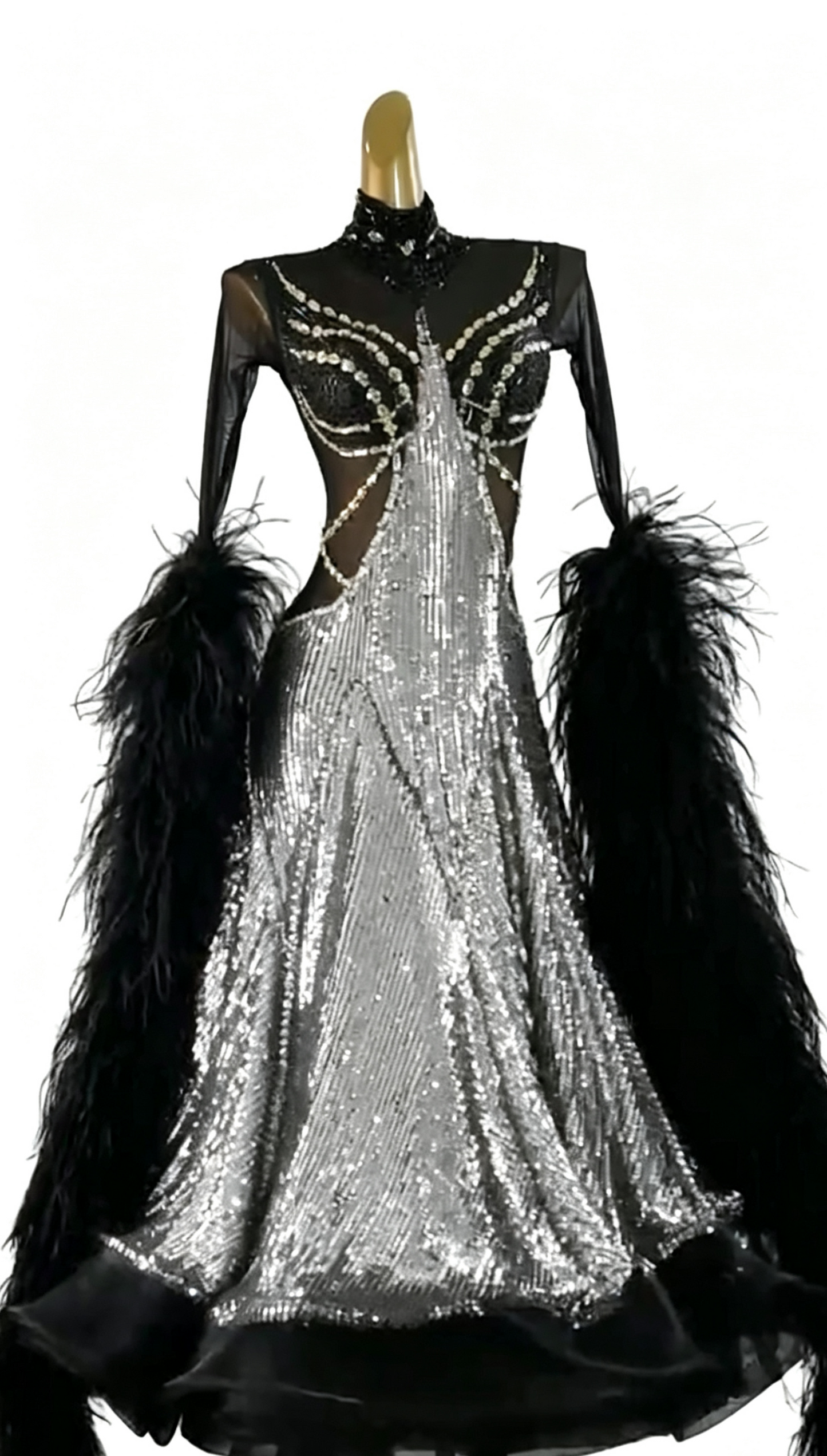 MINEJAS.B038F Gold Sequin Black Feather Ballroom Competition Dance Dress for Women - Mine·Jas
