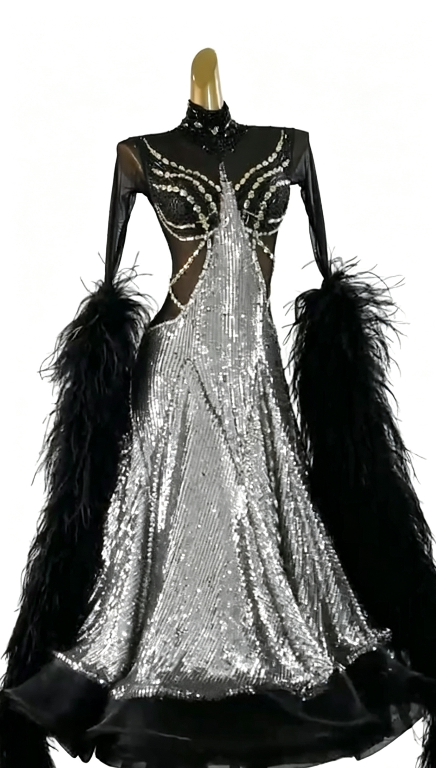 MINEJAS.B038F Gold Sequin Black Feather Ballroom Competition Dance Dress for Women - Mine·Jas