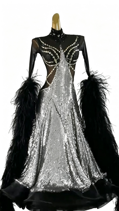 MINEJAS.B038F Gold Sequin Black Feather Ballroom Competition Dance Dress for Women - Mine·Jas