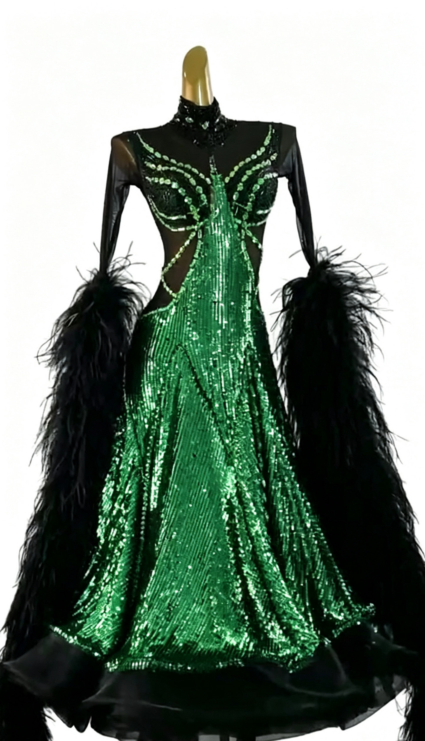 MINEJAS.B038F Gold Sequin Black Feather Ballroom Competition Dance Dress for Women - Mine·Jas