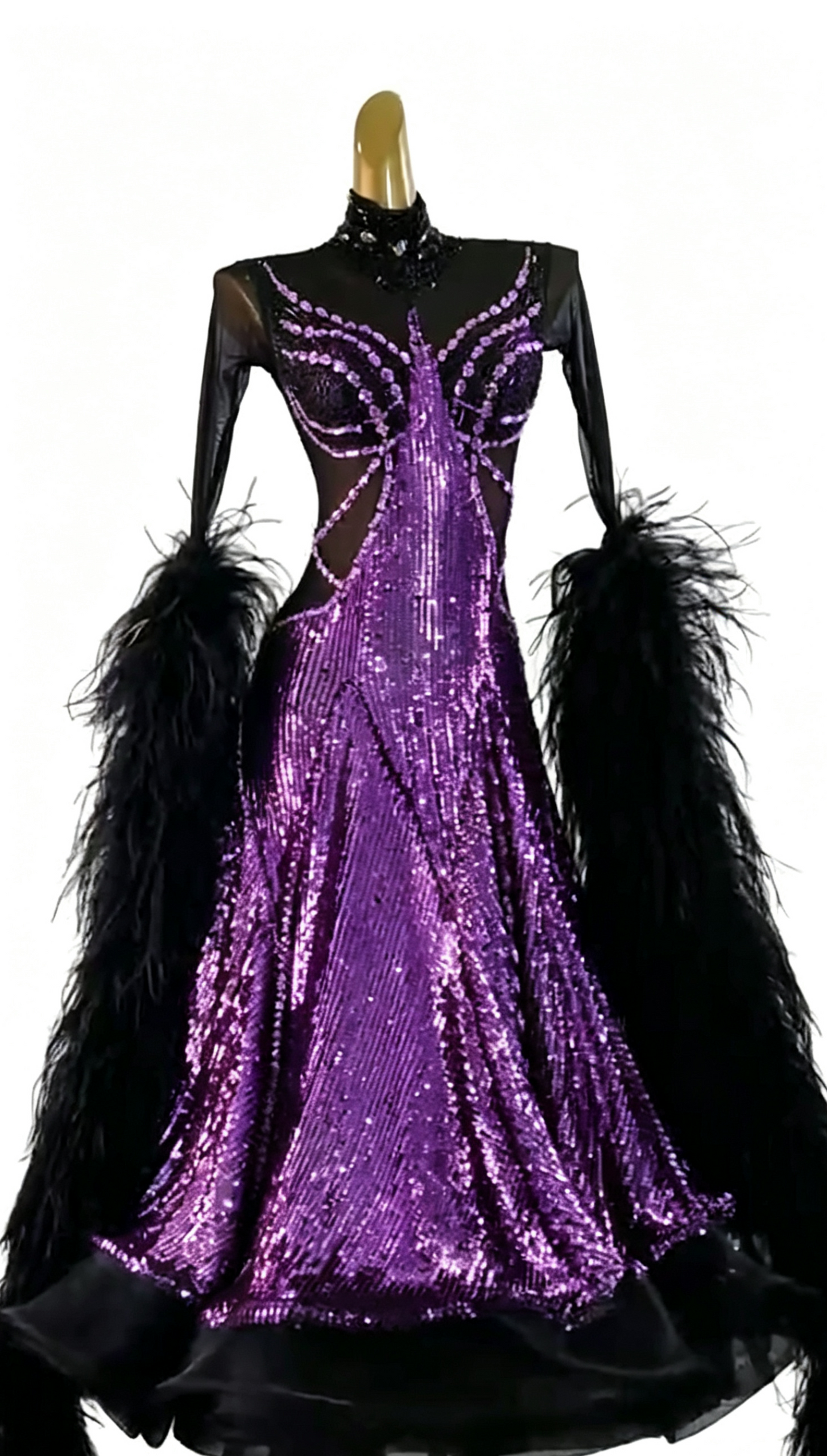 MINEJAS.B038F Gold Sequin Black Feather Ballroom Competition Dance Dress for Women - Mine·Jas