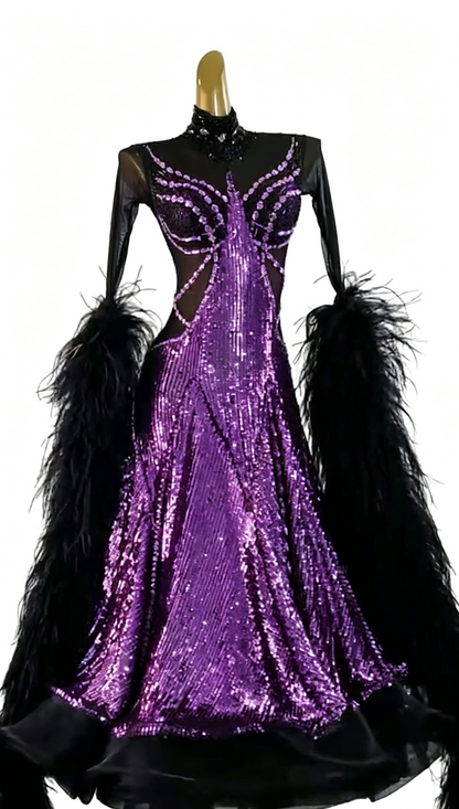 MINEJAS.B038F Gold Sequin Black Feather Ballroom Competition Dance Dress for Women - Mine·Jas