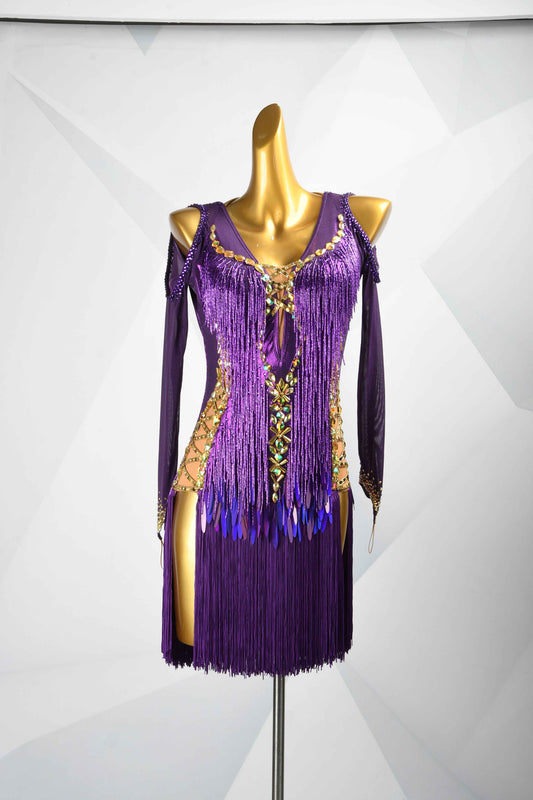 MINEJAS.L500 Purple Latin Competition Dress with Gold Rhinestones & Fringe Sleeves | Custom Rhythm Dance Costume