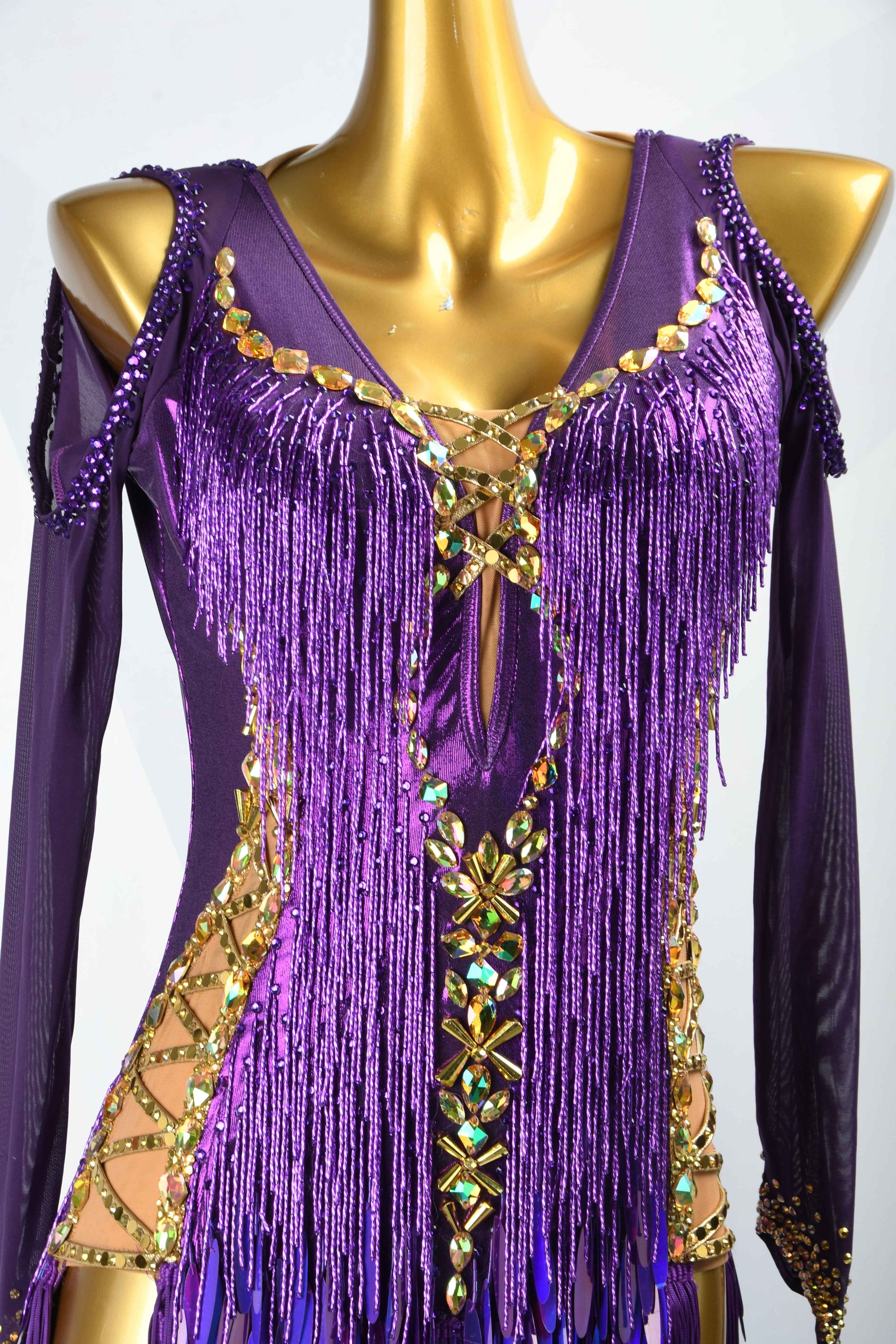 MINEJAS.L500 Purple Latin Competition Dress with Gold Rhinestones & Fringe Sleeves | Custom Rhythm Dance Costume
