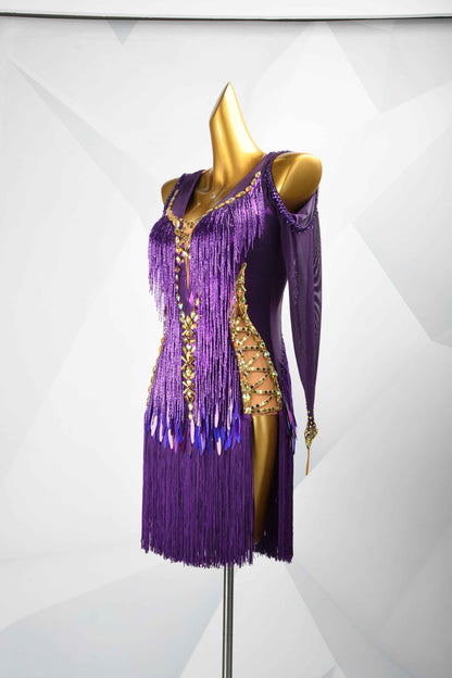 MINEJAS.L500 Purple Latin Competition Dress with Gold Rhinestones & Fringe Sleeves | Custom Rhythm Dance Costume