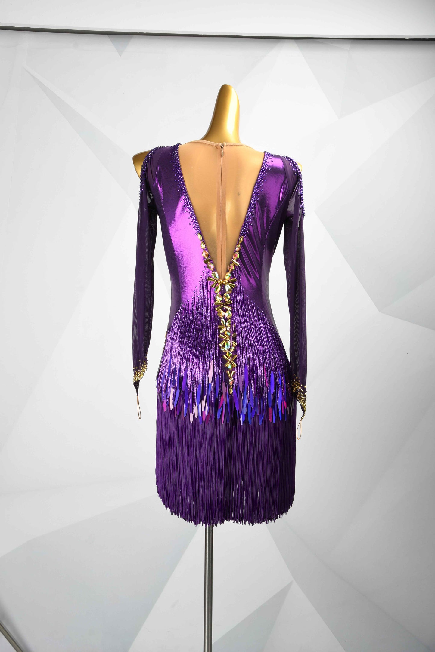 MINEJAS.L500 Purple Latin Competition Dress with Gold Rhinestones & Fringe Sleeves | Custom Rhythm Dance Costume