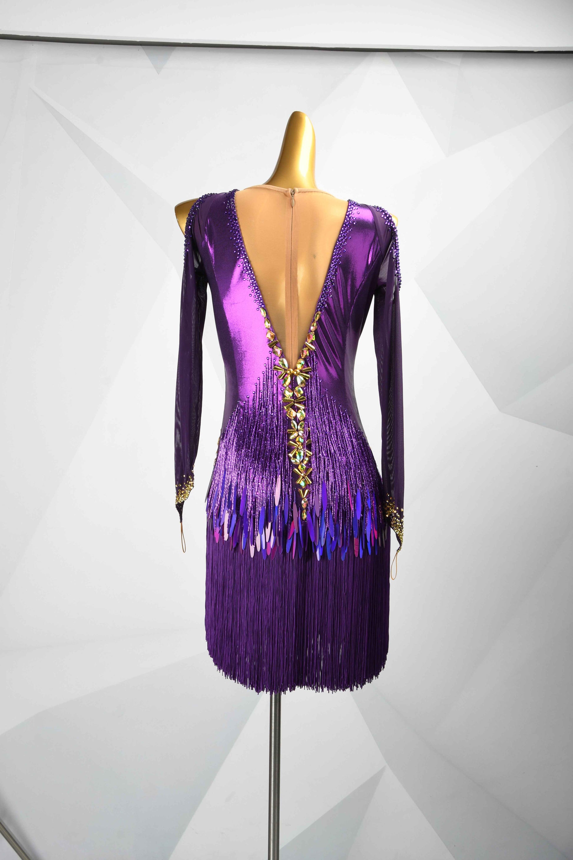 MINEJAS.L500 Purple Latin Competition Dress with Gold Rhinestones & Fringe Sleeves | Custom Rhythm Dance Costume