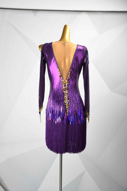 MINEJAS.L500 Purple Latin Competition Dress with Gold Rhinestones & Fringe Sleeves | Custom Rhythm Dance Costume