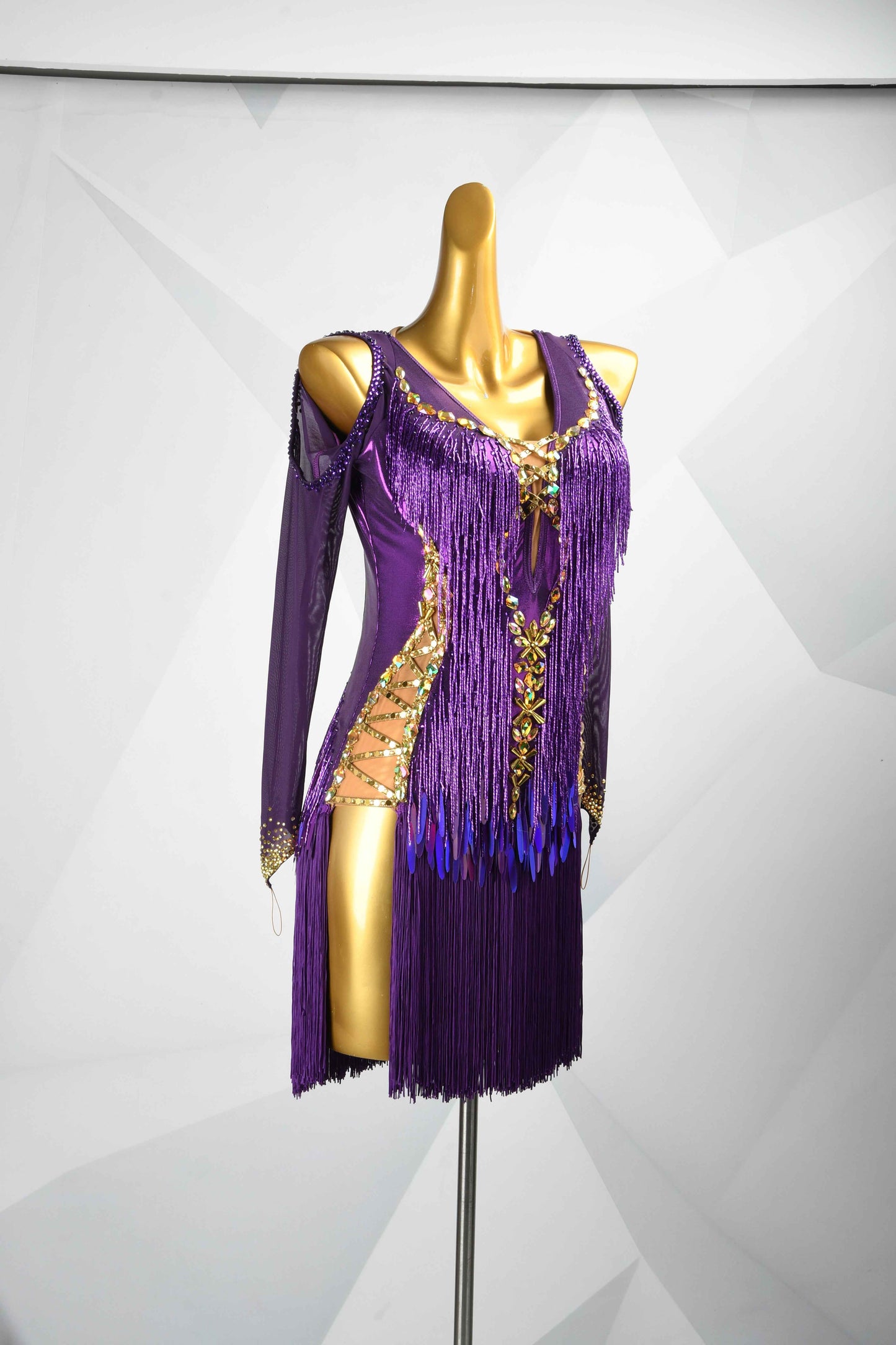 MINEJAS.L500 Purple Latin Competition Dress with Gold Rhinestones & Fringe Sleeves | Custom Rhythm Dance Costume