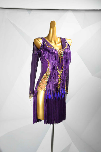 MINEJAS.L500 Purple Latin Competition Dress with Gold Rhinestones & Fringe Sleeves | Custom Rhythm Dance Costume