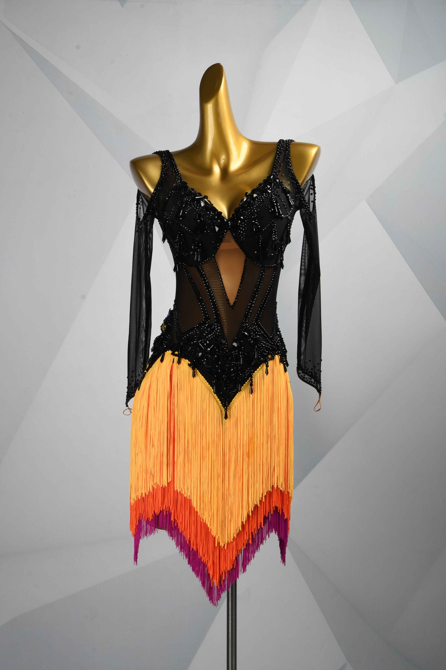 MINEJAS.L502 Black & Ombre Orange Fringe Latin Dress with Beaded Mesh Top | Performance Dance Costume