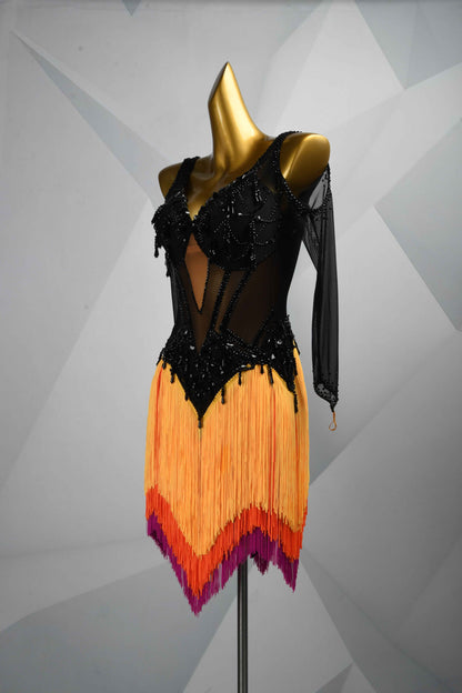 MINEJAS.L502 Black & Ombre Orange Fringe Latin Dress with Beaded Mesh Top | Performance Dance Costume