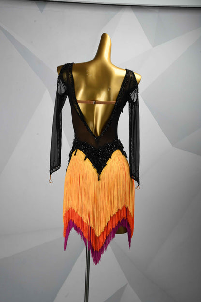 MINEJAS.L502 Black & Ombre Orange Fringe Latin Dress with Beaded Mesh Top | Performance Dance Costume