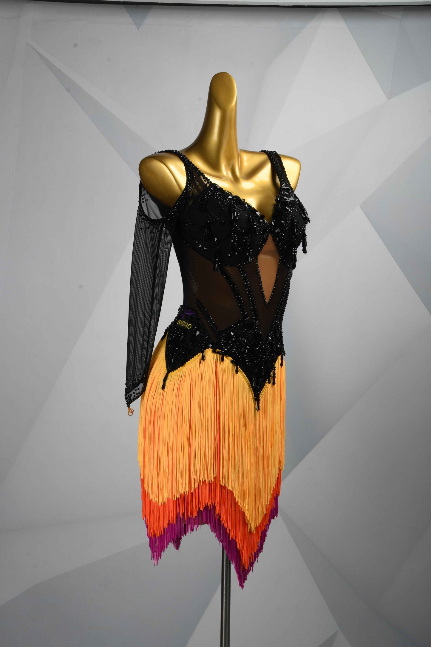 MINEJAS.L502 Black & Ombre Orange Fringe Latin Dress with Beaded Mesh Top | Performance Dance Costume