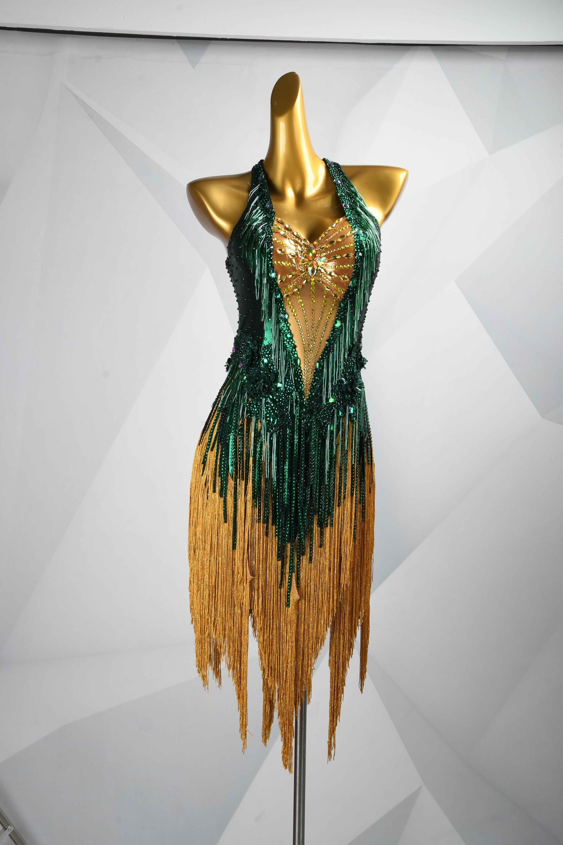MINEJAS.L503 Emerald Green to Gold Fringe Latin Dress with Rhinestone Bodice | Rhythm Competition Gown