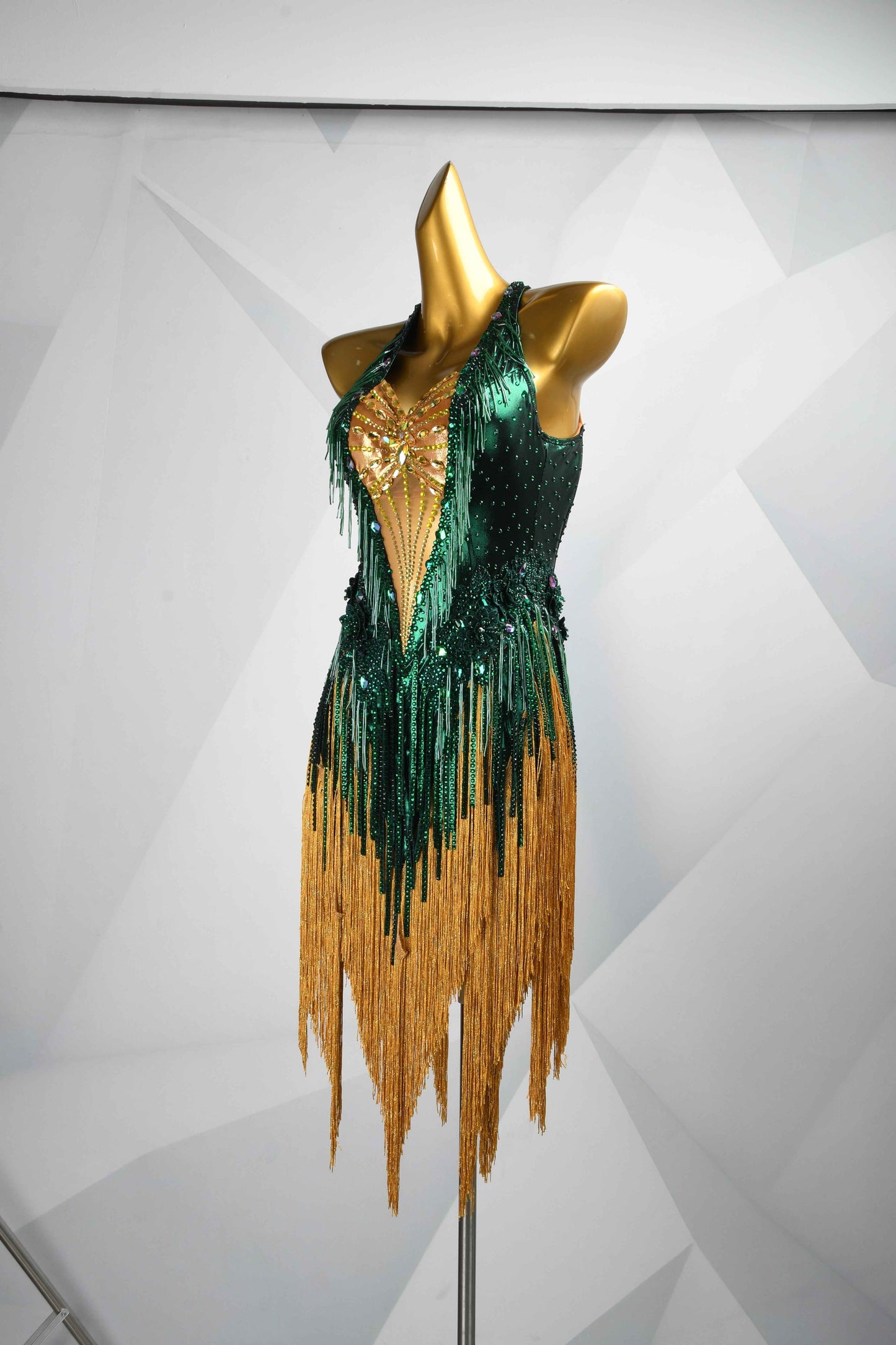 MINEJAS.L503 Emerald Green to Gold Fringe Latin Dress with Rhinestone Bodice | Rhythm Competition Gown