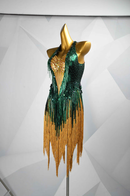 MINEJAS.L503 Emerald Green to Gold Fringe Latin Dress with Rhinestone Bodice | Rhythm Competition Gown