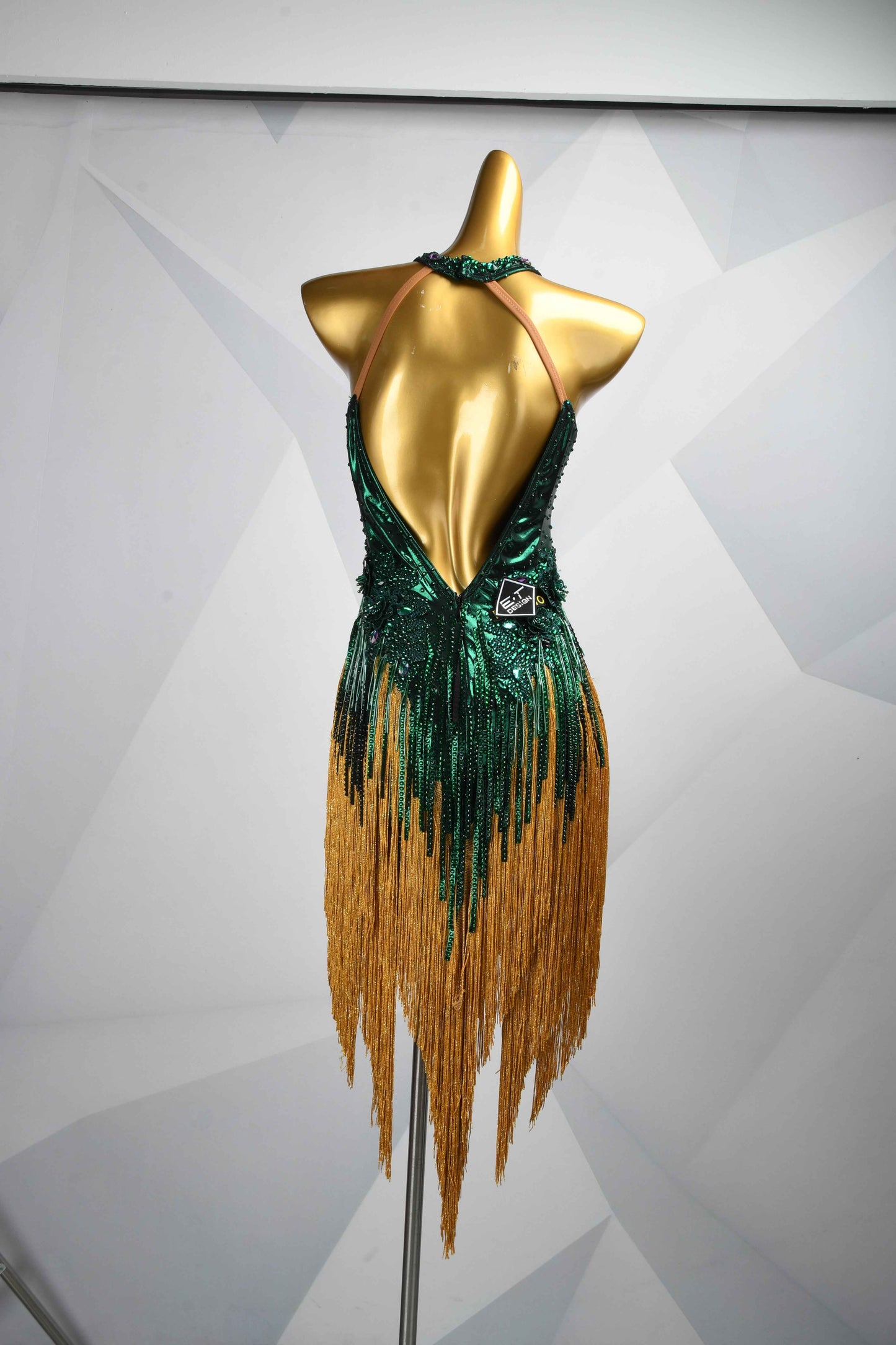 MINEJAS.L503 Emerald Green to Gold Fringe Latin Dress with Rhinestone Bodice | Rhythm Competition Gown