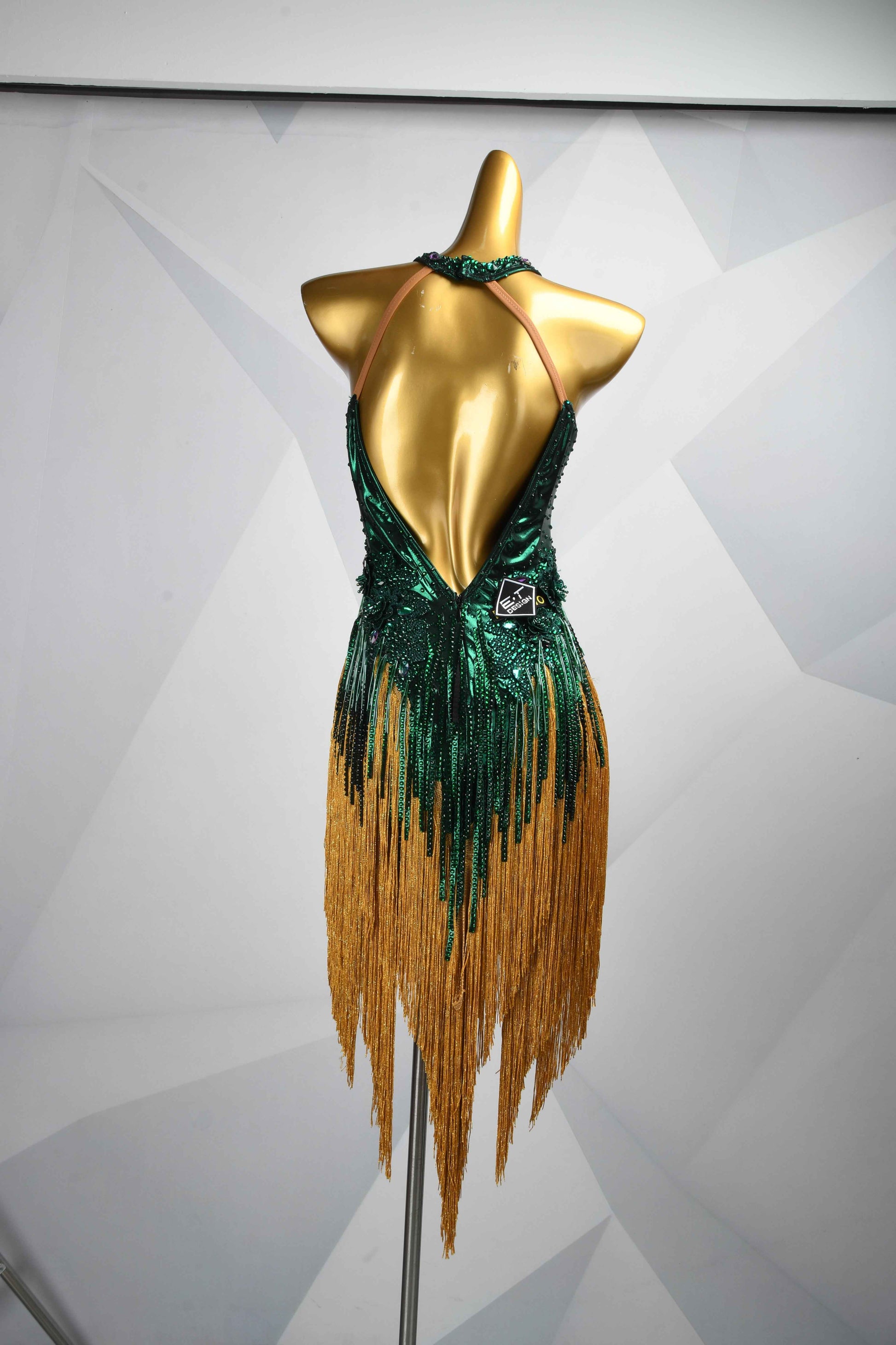 MINEJAS.L503 Emerald Green to Gold Fringe Latin Dress with Rhinestone Bodice | Rhythm Competition Gown