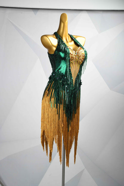 MINEJAS.L503 Emerald Green to Gold Fringe Latin Dress with Rhinestone Bodice | Rhythm Competition Gown