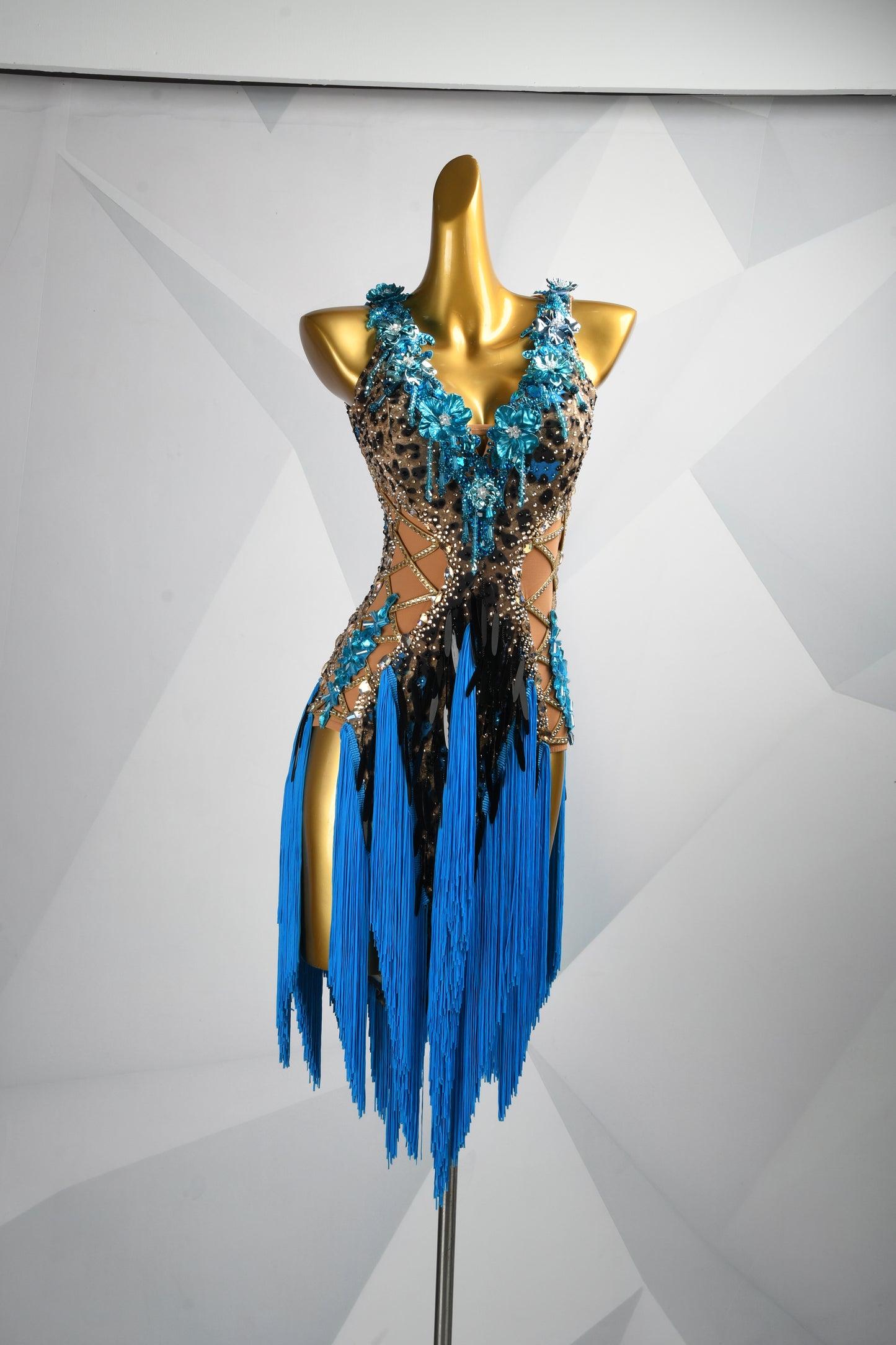 MINEJAS.L505 Leopard Print Latin Fringe Dress with Blue 3D Flowers & Rhinestones | Custom Dance Costume - Mine·Jas