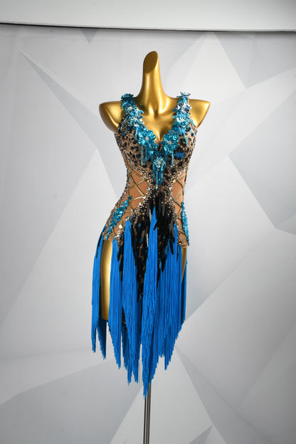 MINEJAS.L505 Leopard Print Latin Fringe Dress with Blue 3D Flowers & Rhinestones | Custom Dance Costume - Mine·Jas