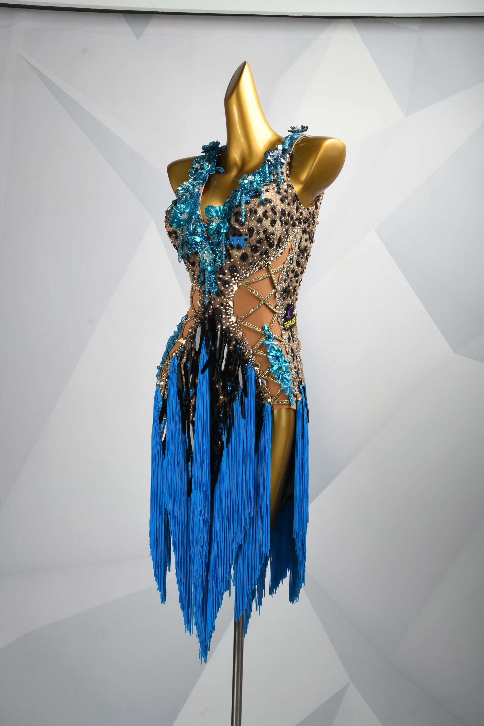 MINEJAS.L505 Leopard Print Latin Fringe Dress with Blue 3D Flowers & Rhinestones | Custom Dance Costume - Mine·Jas