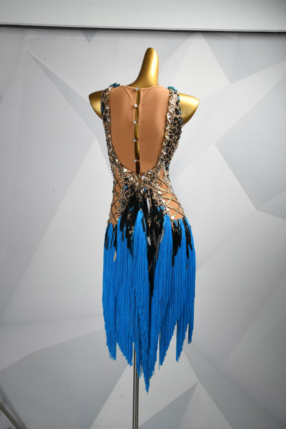 MINEJAS.L505 Leopard Print Latin Fringe Dress with Blue 3D Flowers & Rhinestones | Custom Dance Costume - Mine·Jas