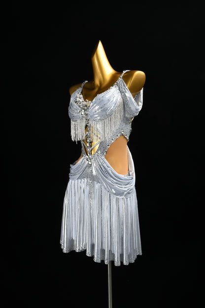 MINEJAS.L519 Silver White Cutout Latin Dance Dress with Fringe & Rhinestones | Custom Rhythm Competition Wear