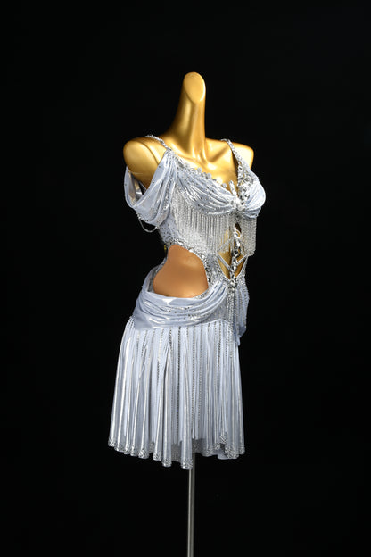 MINEJAS.L519 Silver White Cutout Latin Dance Dress with Fringe & Rhinestones | Custom Rhythm Competition Wear