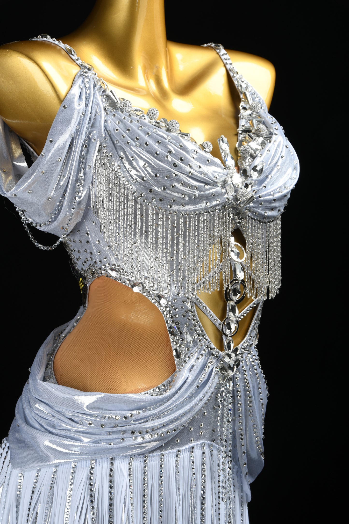 MINEJAS.L519 Silver White Cutout Latin Dance Dress with Fringe & Rhinestones | Custom Rhythm Competition Wear