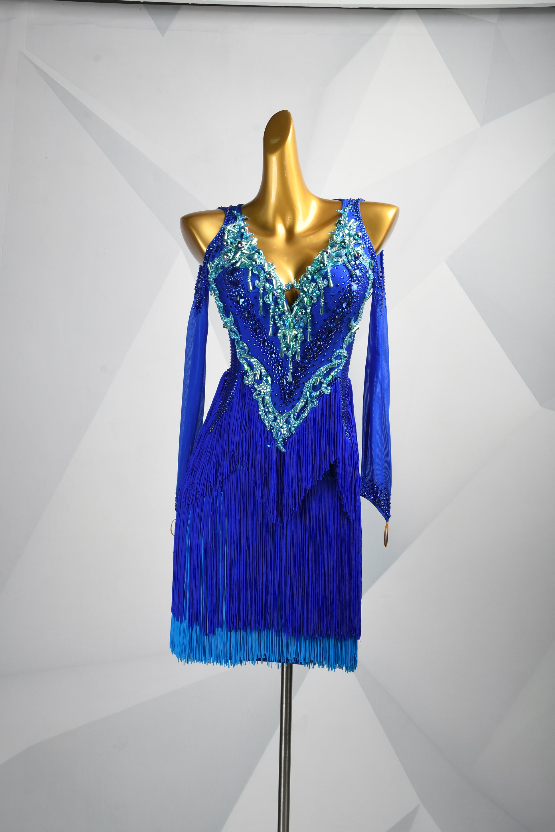 MINEJAS.L506 Royal Blue Latin Fringe Dress with Turquoise Rhinestone Embellishments | Mesh Sleeve Competition Gown - Mine·Jas