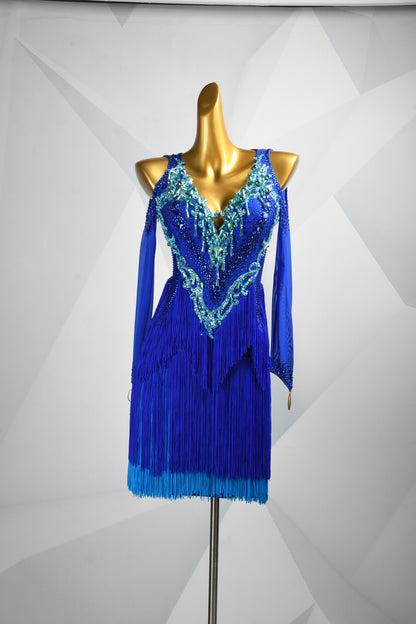 MINEJAS.L506 Royal Blue Latin Fringe Dress with Turquoise Rhinestone Embellishments | Mesh Sleeve Competition Gown - Mine·Jas