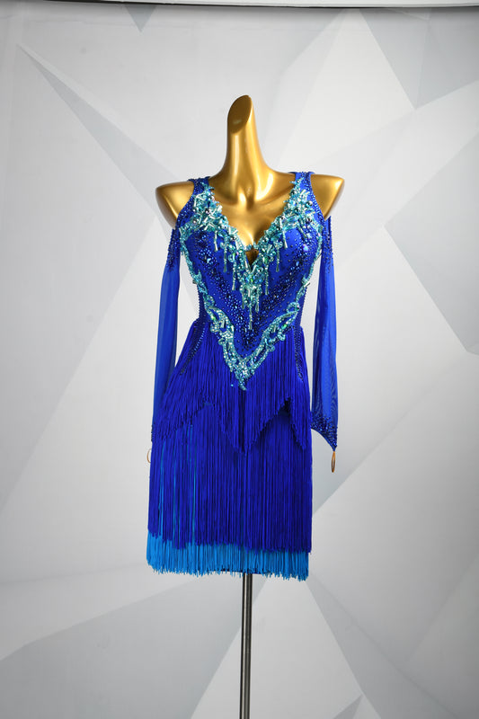 MINEJAS.L506 Royal Blue Latin Fringe Dress with Turquoise Rhinestone Embellishments | Mesh Sleeve Competition Gown - Mine·Jas