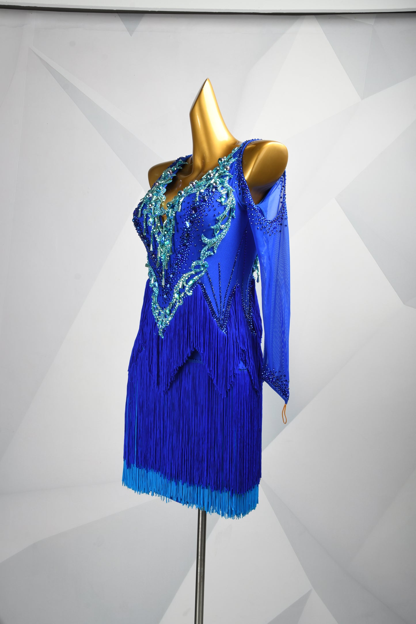 MINEJAS.L506 Royal Blue Latin Fringe Dress with Turquoise Rhinestone Embellishments | Mesh Sleeve Competition Gown - Mine·Jas