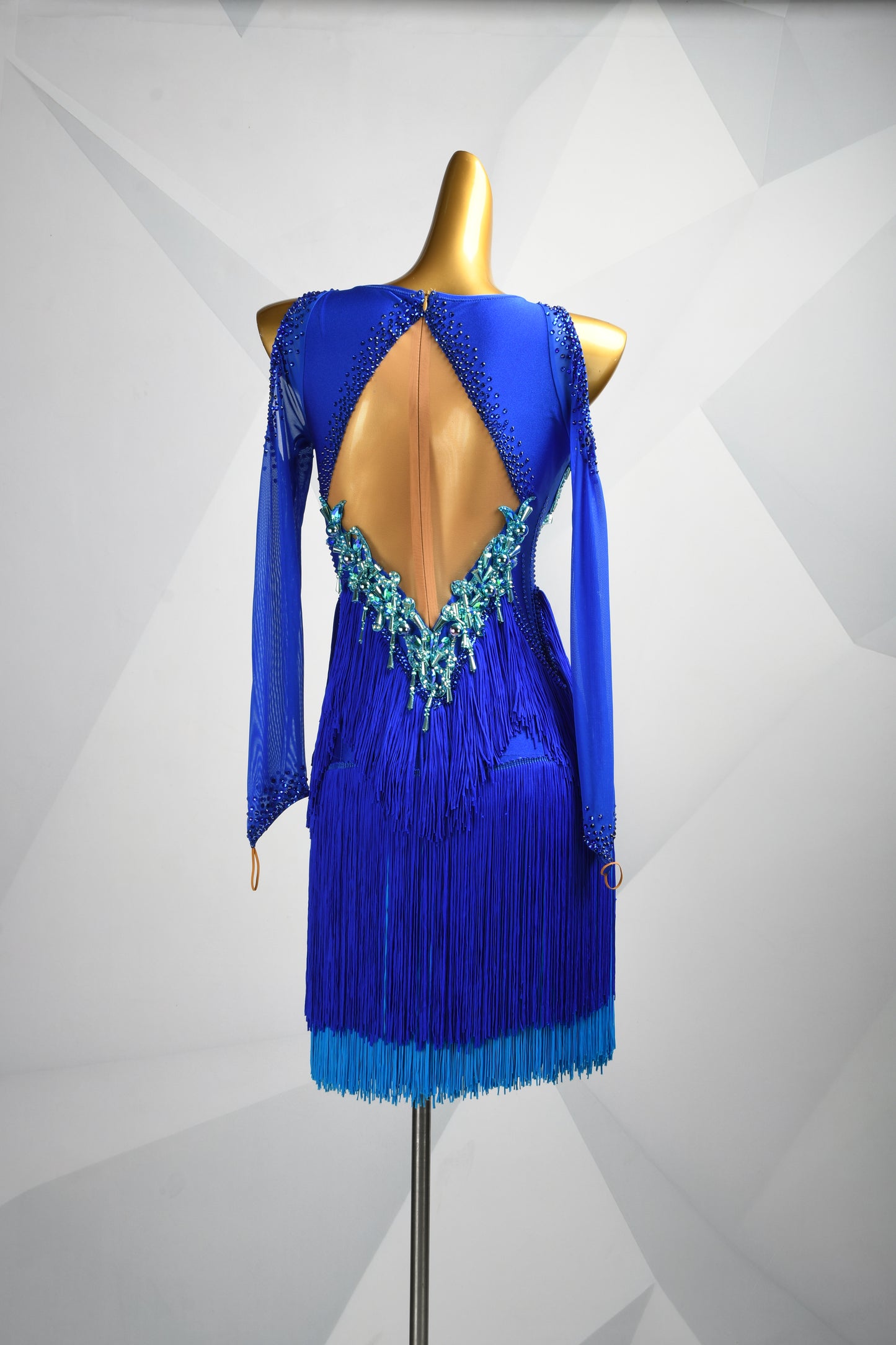 MINEJAS.L506 Royal Blue Latin Fringe Dress with Turquoise Rhinestone Embellishments | Mesh Sleeve Competition Gown - Mine·Jas