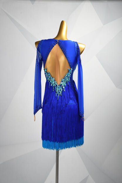 MINEJAS.L506 Royal Blue Latin Fringe Dress with Turquoise Rhinestone Embellishments | Mesh Sleeve Competition Gown - Mine·Jas