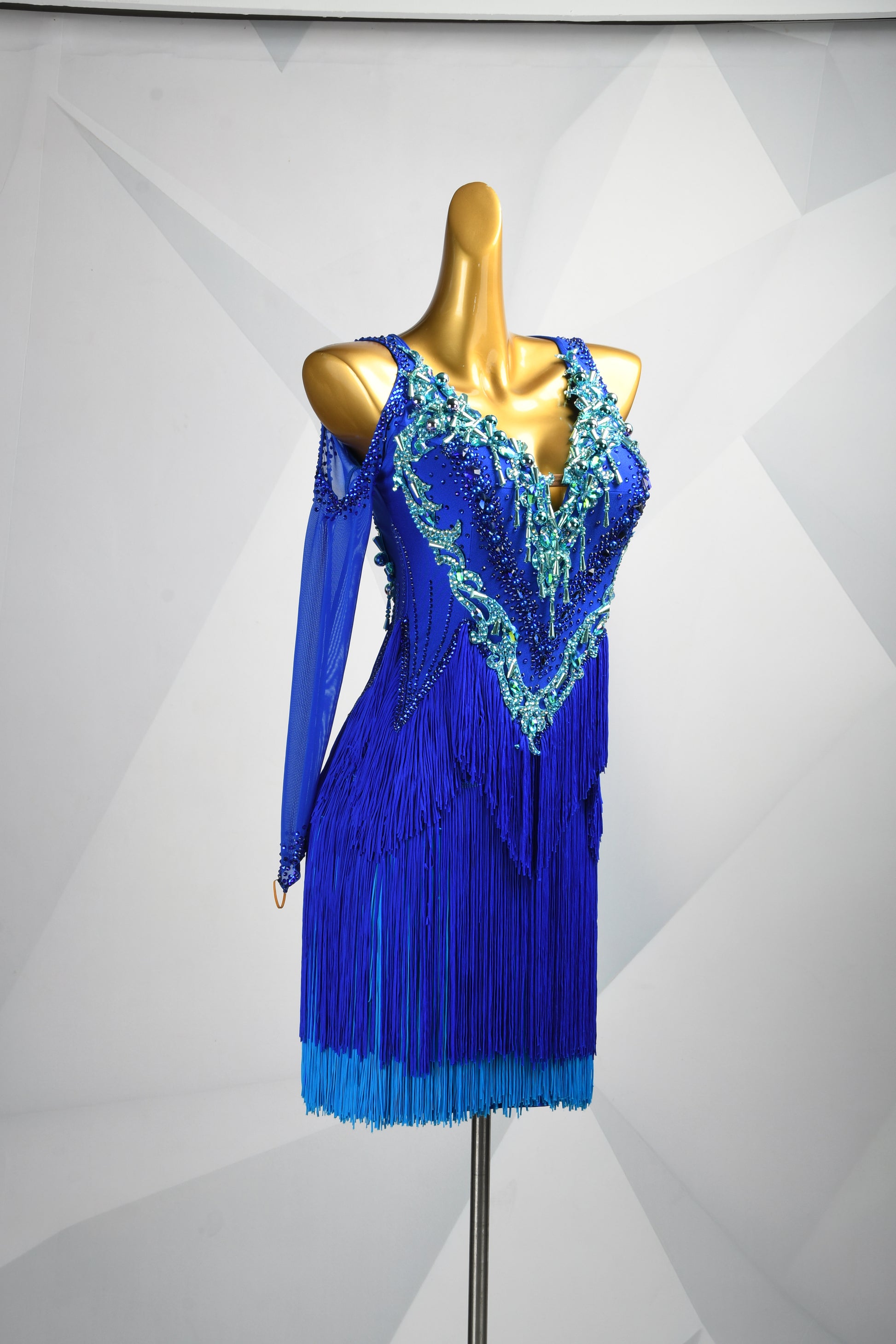 MINEJAS.L506 Royal Blue Latin Fringe Dress with Turquoise Rhinestone Embellishments | Mesh Sleeve Competition Gown - Mine·Jas