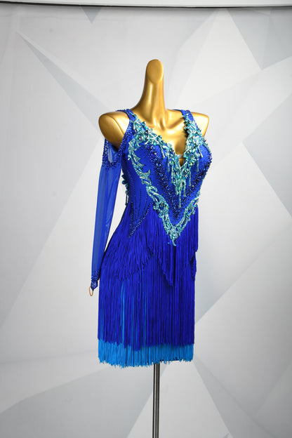 MINEJAS.L506 Royal Blue Latin Fringe Dress with Turquoise Rhinestone Embellishments | Mesh Sleeve Competition Gown - Mine·Jas