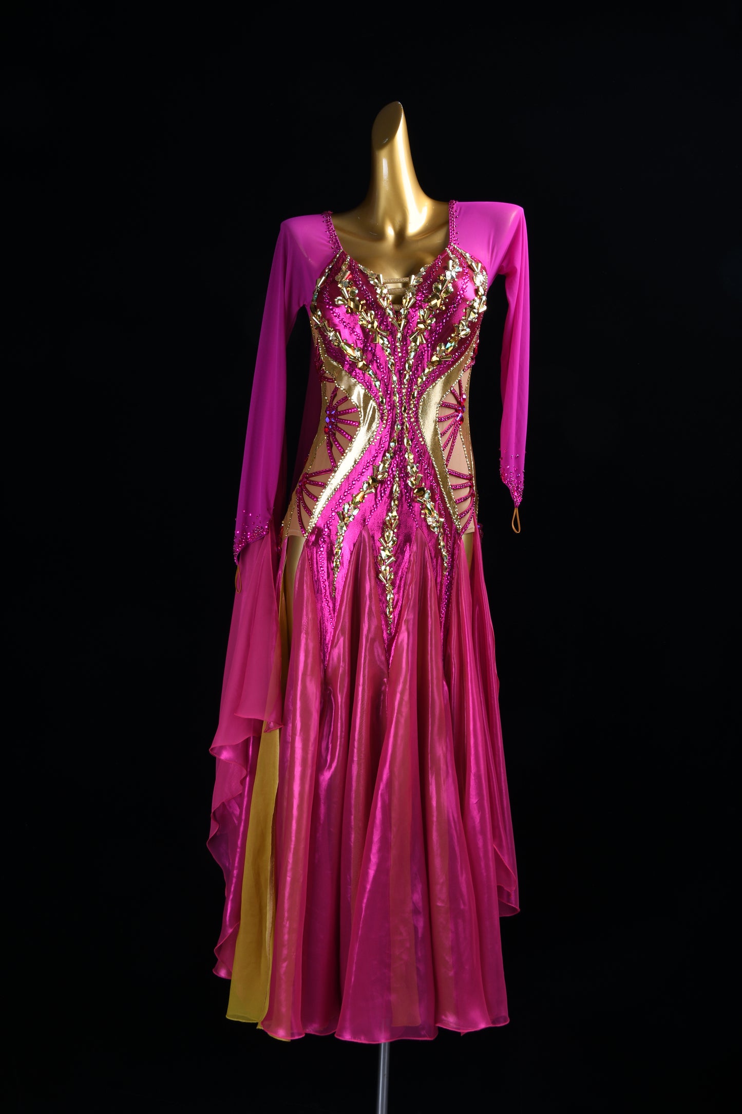 MINEJAS.L516 Fuchsia Pink Ballroom Dance Dress with Gold Rhinestone Embellishments | Long Sleeve Standard Gown