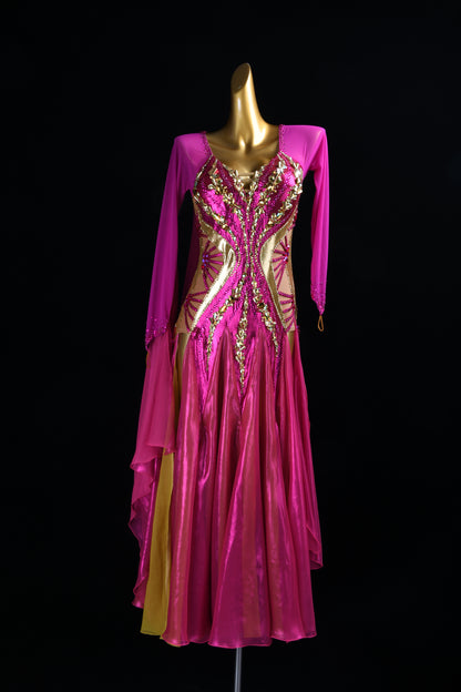 MINEJAS.L516 Fuchsia Pink Ballroom Dance Dress with Gold Rhinestone Embellishments | Long Sleeve Standard Gown